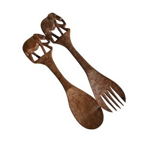 Vintage Wooden Carved Elephant Salad Mixers Salad Servers Salad Tongs